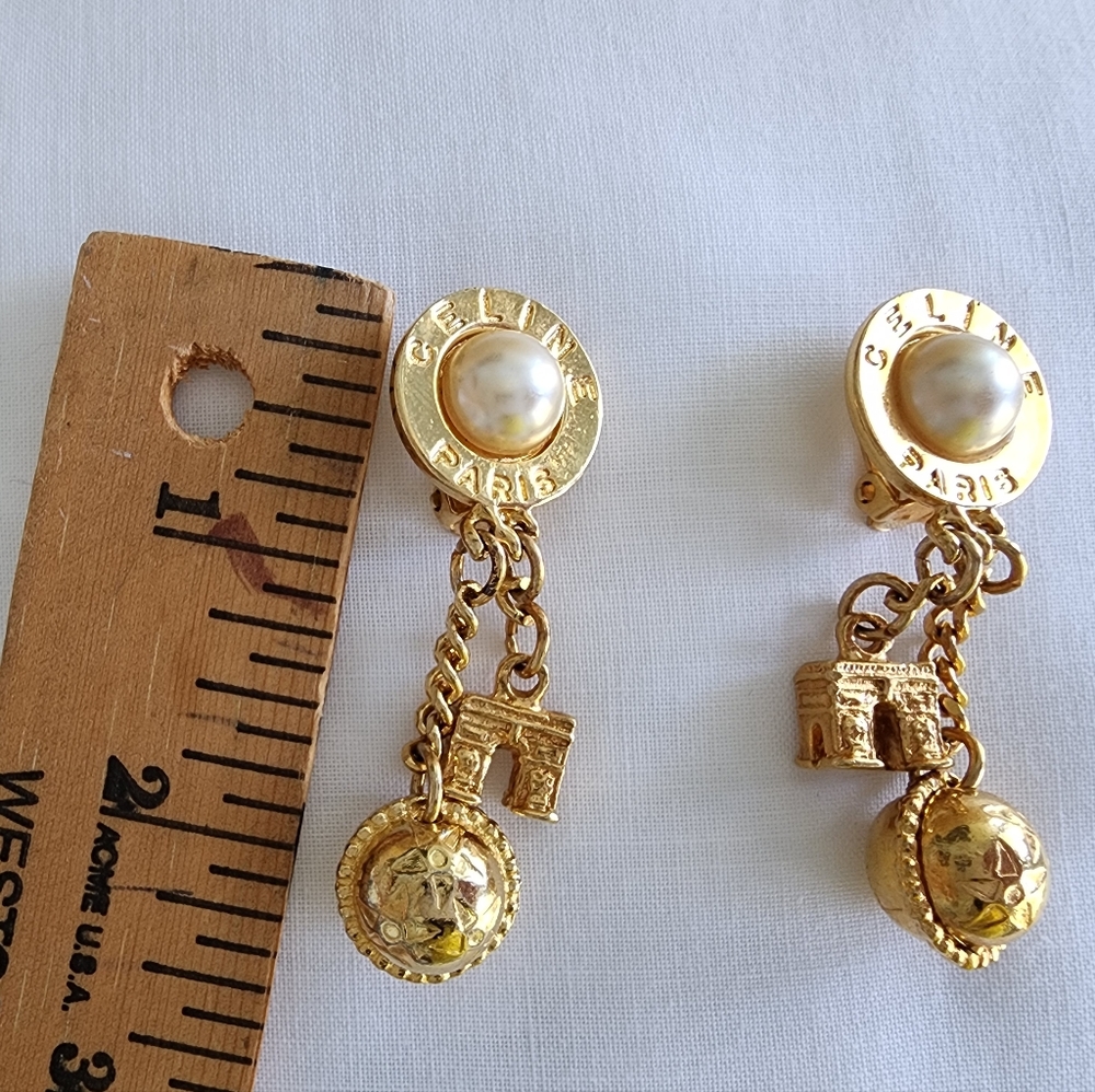 CELINE PARIS Gold Tone Pearl Arc de Triomphe Golden Ball Clip Earrings - Picture 3 of 8